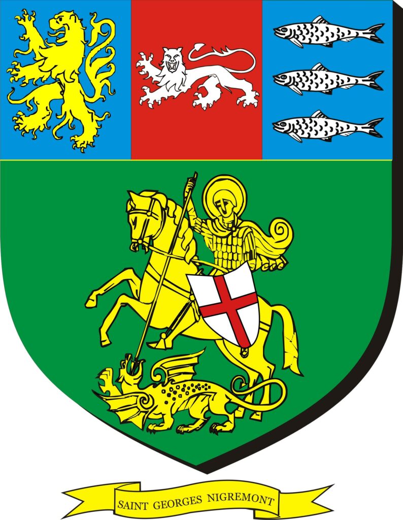 Le blason de Saint-Georges Nigremont réalisé par Monsieur Jean François BINON Dans le bandeau supérieur les armes des 3 seigneureries qui se sont succédées à Saint-Georges Nigremont